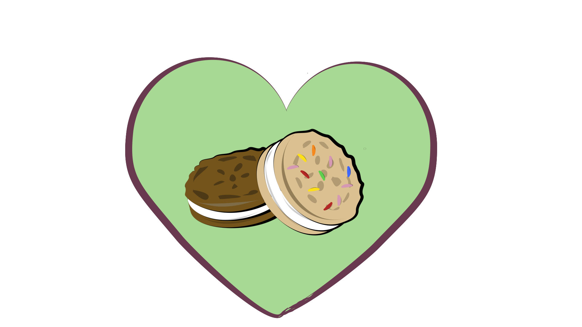 Company logo. Green heart with two cookies inside